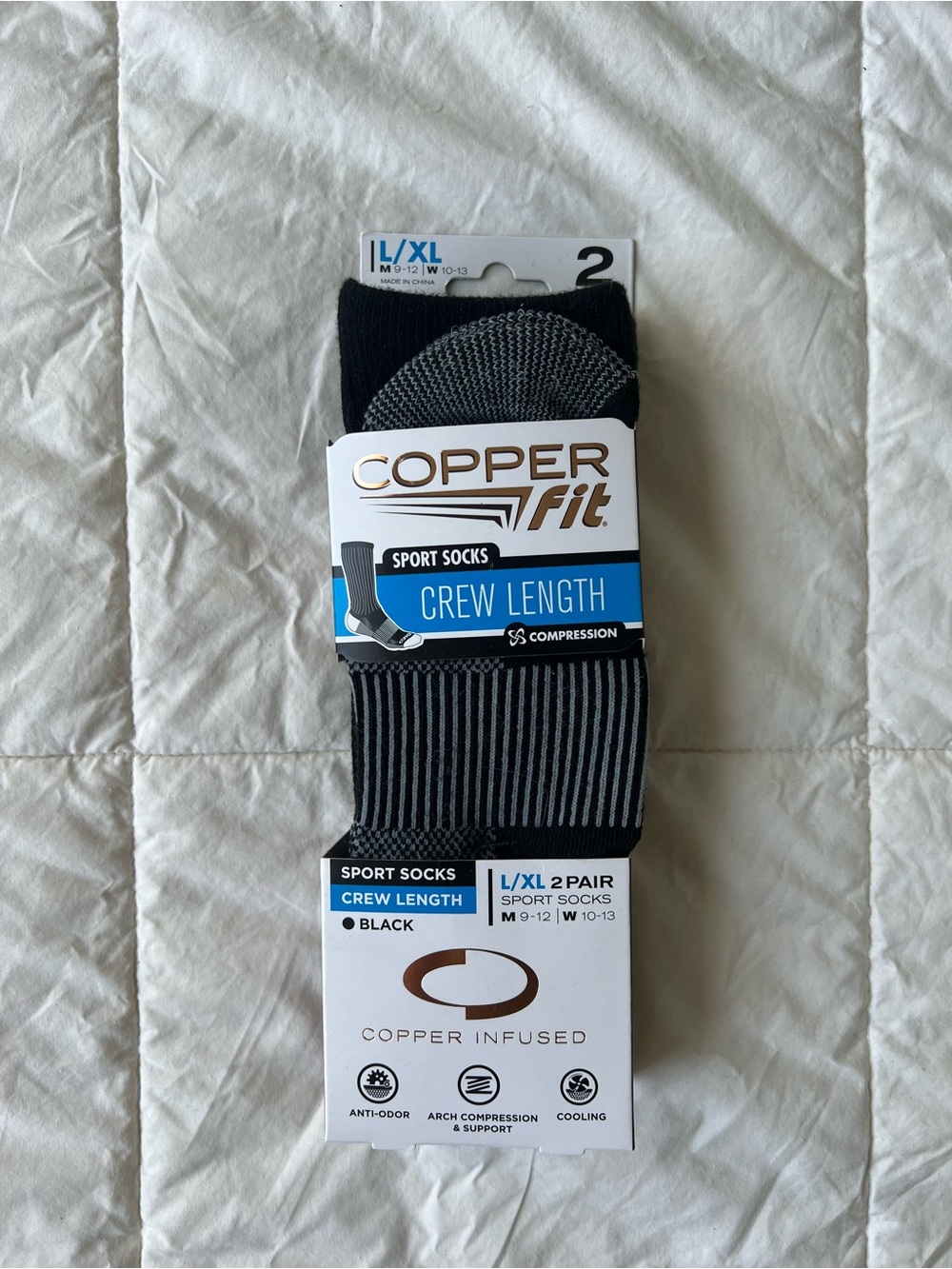 Copper Fit Men’s Black Crew Length Athletic Socks - L/XL (2 Pair)